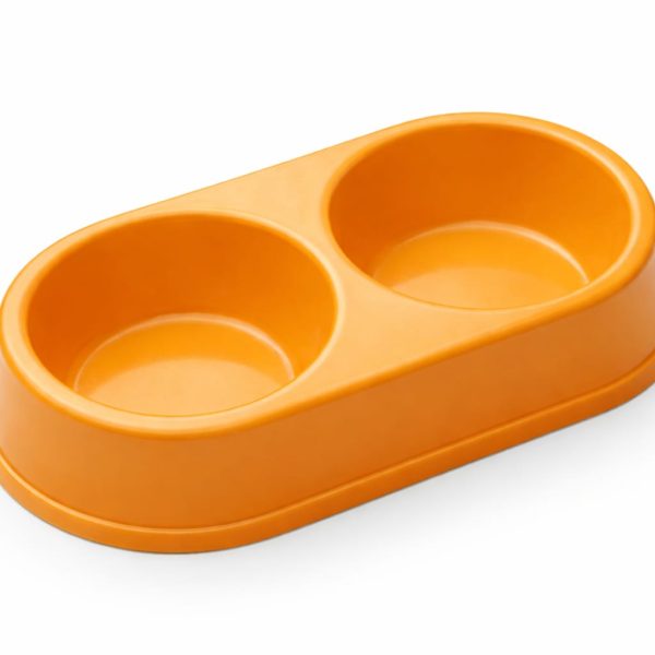 Double Pet Food Bowl for Cats and Small Dogs – Plastic Feeding Dish ( Orange )