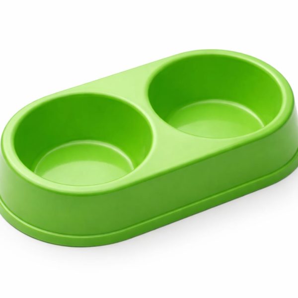 Double Pet Food Bowl for Cats and Small Dogs – Plastic Feeding Dish ( Green )