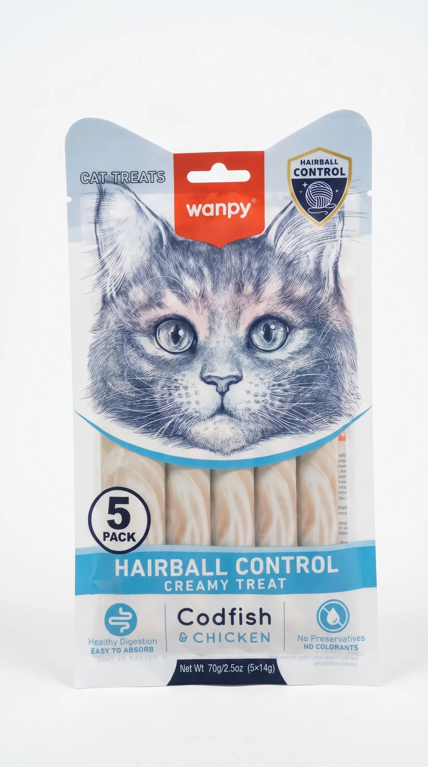 Wanpy Cat Creamy Treats Hairball Control With Codfish & Chicken 5 Pcs Wanpy Cat Creamy Treats Hairball Control With Codfish & Chicken 5 Pcs - Image 1